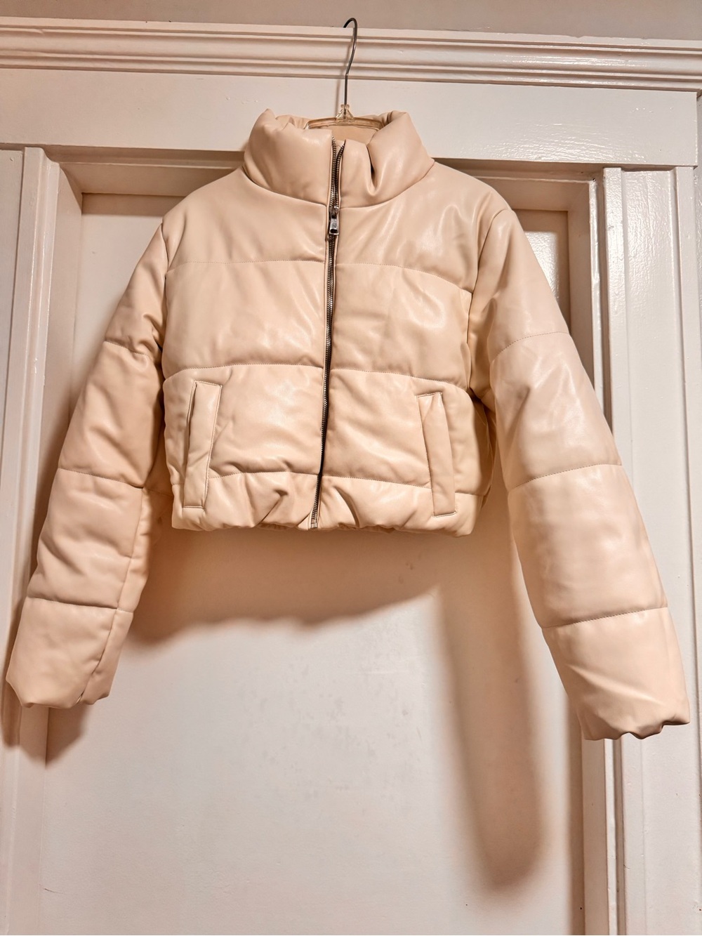 Charlotte Russe Cream Faux Leather Cropped Puffer Jacket - Size S